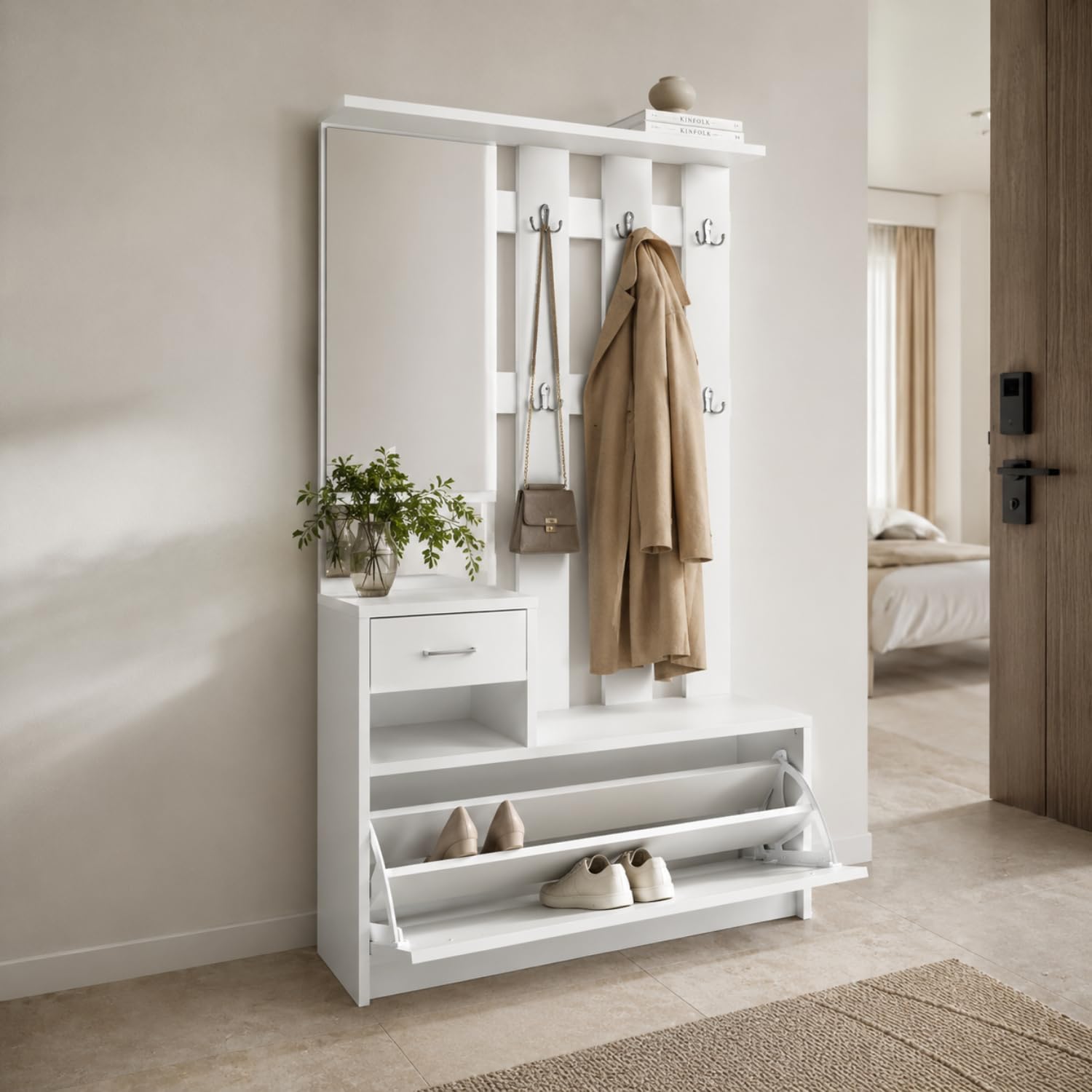 MEGAOFFERTE.IT Mobiletto Da Ingresso Con Scarpiera Specchio E Appendiabiti Arredo Moderno Per Corridoio Entratina 97 X 35 X 25 Cm Bianco