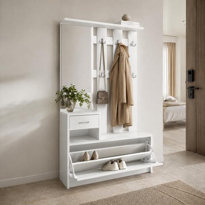 MEGAOFFERTE.IT Mobiletto Da Ingresso Con Scarpiera Specchio E Appendiabiti Arredo Moderno Per Corridoio Entratina 97 X 35 X 25 Cm Bianco