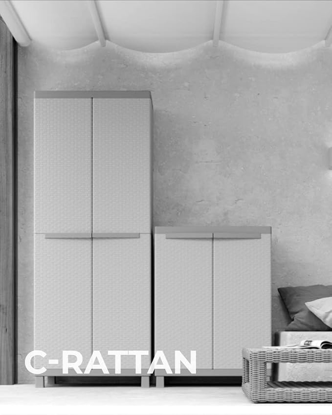 Terry, C-Rattan 102a, Multifunctional Indoor Outdoor Cabinet, Three Rattan-Effect Doors, 2 Separate Internal Compartments. Material: Plastic, Dimensions: 102x39x170 cm