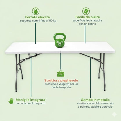 Tavolo Pieghevole SalvaSpazio, MISURA: 180x74 cm in HDPE, Struttura in Acciaio - Tavolo Richiudibile a Valigia, 6 o Più Persone, Portatile con Maniglia, Antiscivolo, Per Cucina e Giardino, BIANCO