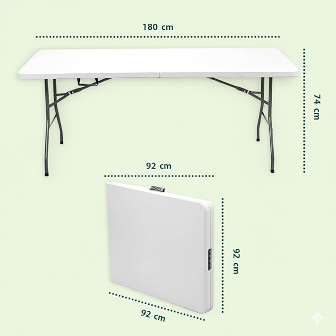 Tavolo Pieghevole SalvaSpazio, MISURA: 180x74 cm in HDPE, Struttura in Acciaio - Tavolo Richiudibile a Valigia, 6 o Più Persone, Portatile con Maniglia, Antiscivolo, Per Cucina e Giardino, BIANCO
