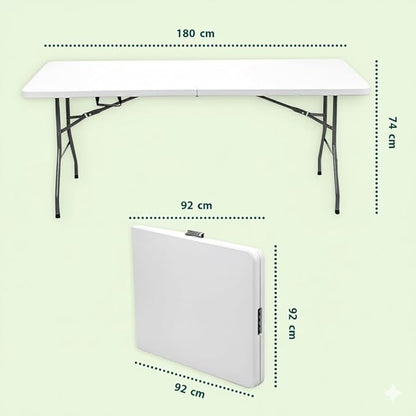 Tavolo Pieghevole SalvaSpazio, MISURA: 180x74 cm in HDPE, Struttura in Acciaio - Tavolo Richiudibile a Valigia, 6 o Più Persone, Portatile con Maniglia, Antiscivolo, Per Cucina e Giardino, BIANCO