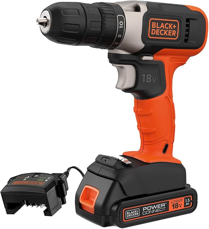 BLACK+DECKER Trapano avvitatore a batteria da 18 V, coppia massima 37 Nm, 10 posizioni di frizione, luce di lavoro a LED, batteria da 1,5 Ah e caricabatterie, BCD001C1-QW
