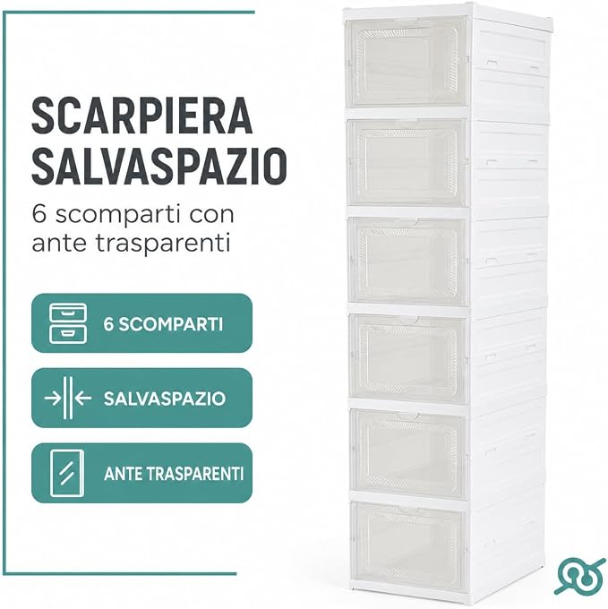 tempo di saldi Scarpiera Salvaspazio 6 Ripiani circa 25,5 x 34,5 x 105 cm, Plastica Rigida - Organizer Porta Scarpe con Ante Trasparenti per Ingresso, Camera e Armadio