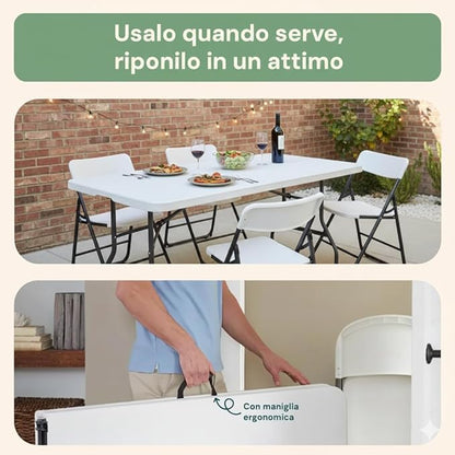 Tavolo Pieghevole SalvaSpazio, MISURA: 180x74 cm in HDPE, Struttura in Acciaio - Tavolo Richiudibile a Valigia, 6 o Più Persone, Portatile con Maniglia, Antiscivolo, Per Cucina e Giardino, BIANCO