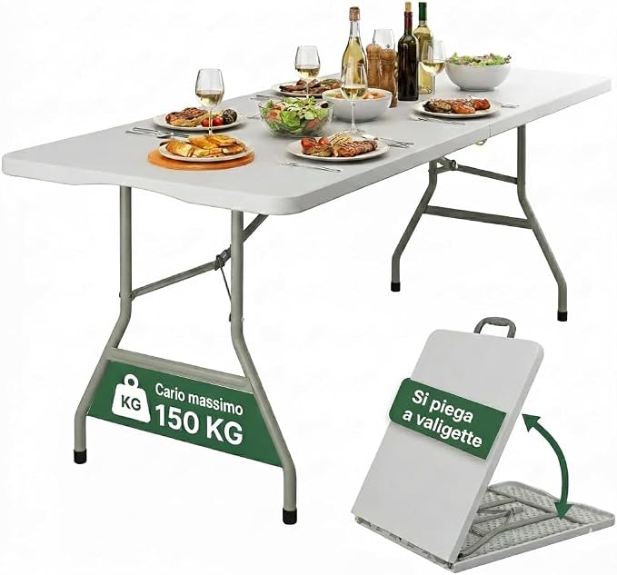 Tavolo Pieghevole SalvaSpazio, MISURA: 180x74 cm in HDPE, Struttura in Acciaio - Tavolo Richiudibile a Valigia, 6 o Più Persone, Portatile con Maniglia, Antiscivolo, Per Cucina e Giardino, BIANCO
