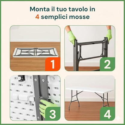 Tavolo Pieghevole SalvaSpazio, MISURA: 180x74 cm in HDPE, Struttura in Acciaio - Tavolo Richiudibile a Valigia, 6 o Più Persone, Portatile con Maniglia, Antiscivolo, Per Cucina e Giardino, BIANCO