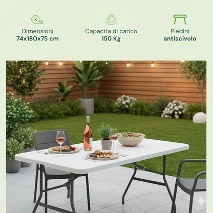 Tavolo Pieghevole SalvaSpazio, MISURA: 180x74 cm in HDPE, Struttura in Acciaio - Tavolo Richiudibile a Valigia, 6 o Più Persone, Portatile con Maniglia, Antiscivolo, Per Cucina e Giardino, BIANCO