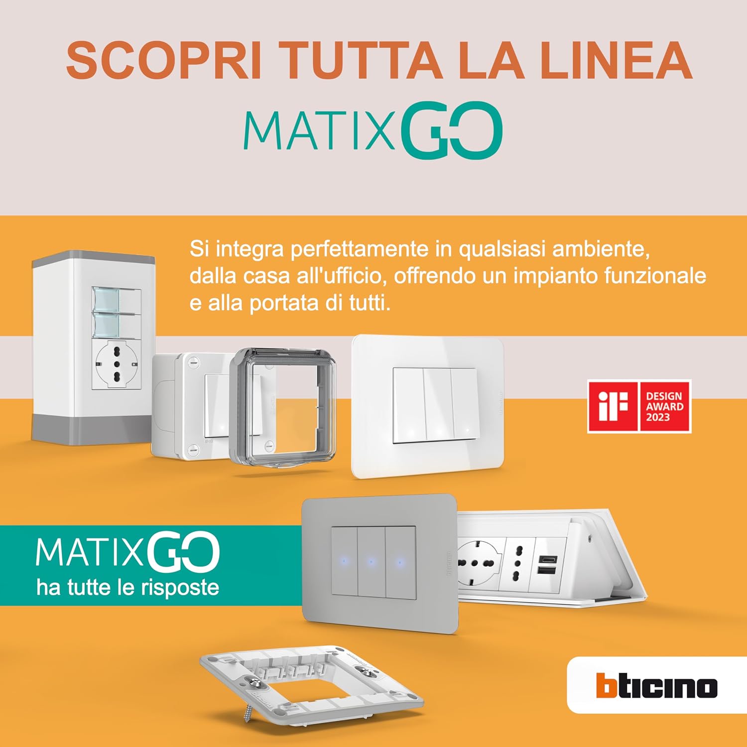 BTICINO MatixGO Presa di corrente con porta USB 1 modulo Bianco JW4191AC Caricatore USB con una porta tipo A e una tipo C, 15W