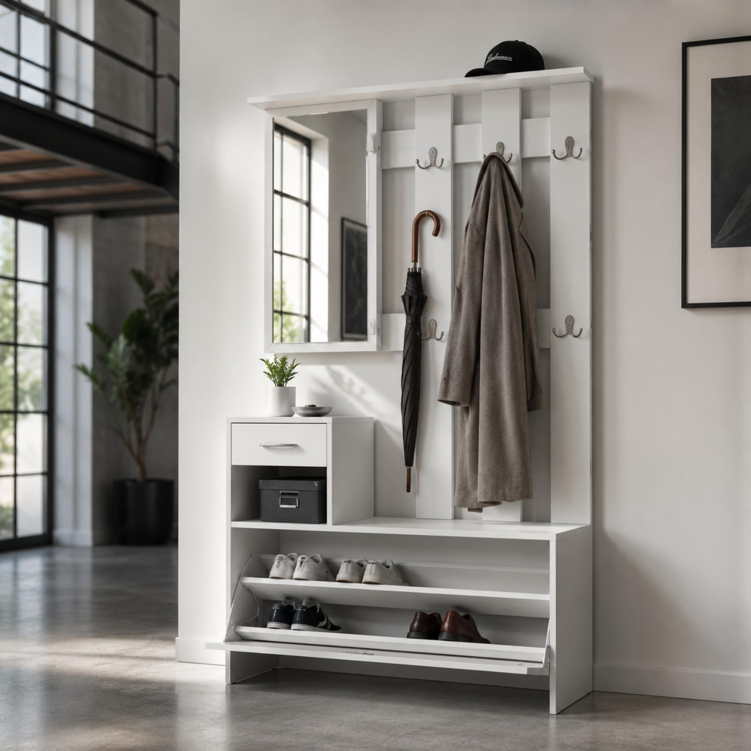 MEGAOFFERTE.IT Mobiletto Da Ingresso Con Scarpiera Specchio E Appendiabiti Arredo Moderno Per Corridoio Entratina 97 X 35 X 25 Cm Bianco