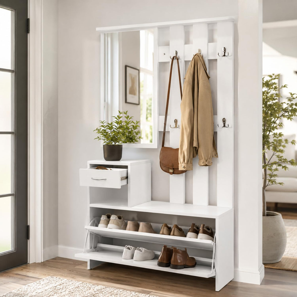 MEGAOFFERTE.IT Mobiletto Da Ingresso Con Scarpiera Specchio E Appendiabiti Arredo Moderno Per Corridoio Entratina 97 X 35 X 25 Cm Bianco
