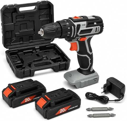 KOMBO - Trapano Avvitatore Cordless 20V con 2 Batterie Litio 1300mAh e Valigetta – 2 Velocità 0-400/0-1400rpm, 18+1 Coppie, Mandrino Autoserrante 10mm, Foratura Legno/Ferro/Muro