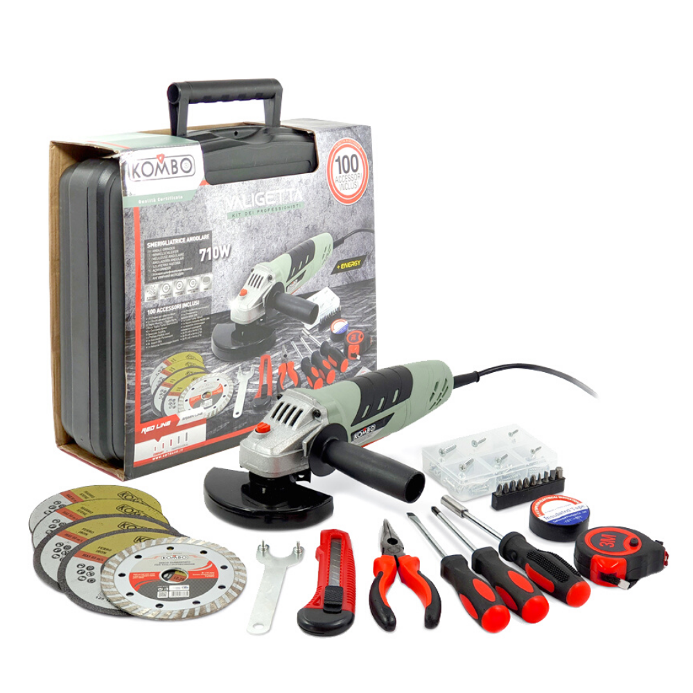 Smerigliatrice Angolare 710W in valigetta: 100 accessori