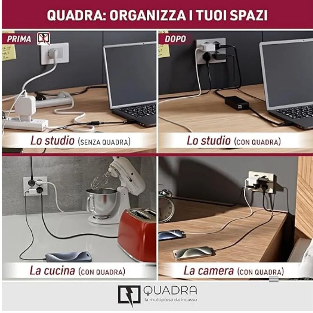 Multipresa Incasso Quadra con 4 Prese Bipasso Schuko e 2 USB-C | Electoline