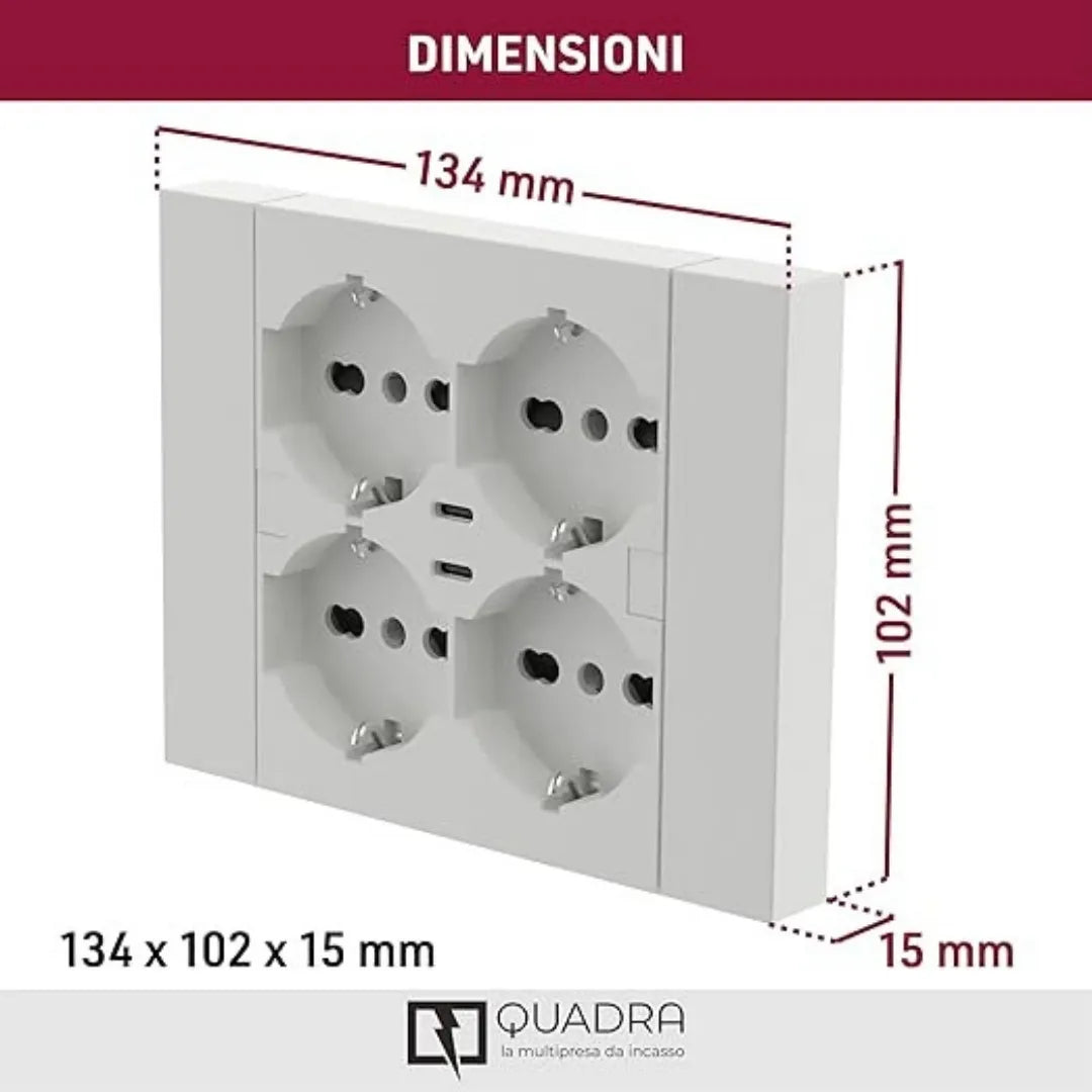 Multipresa Incasso Quadra con 4 Prese Bipasso Schuko e 2 USB-C | Electoline