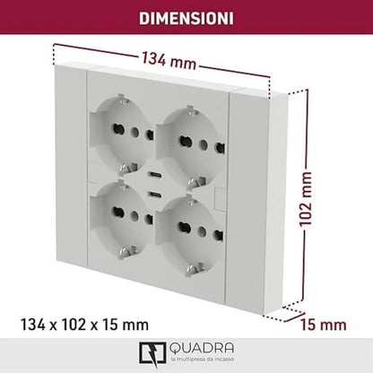 Multipresa Incasso Quadra con 4 Prese Bipasso Schuko e 2 USB-C | Electoline