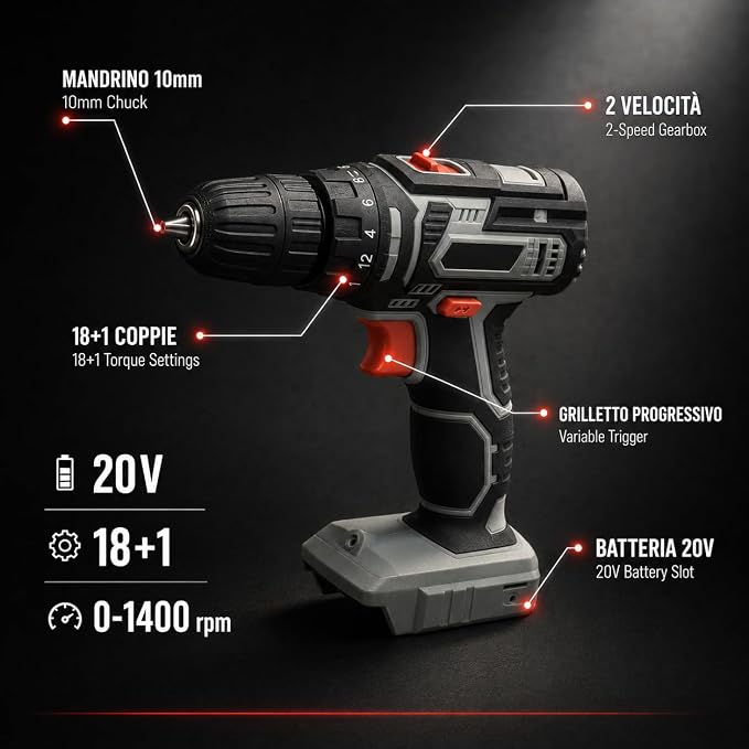 KOMBO - Trapano Avvitatore Cordless 20V con 2 Batterie Litio 1300mAh e Valigetta – 2 Velocità 0-400/0-1400rpm, 18+1 Coppie, Mandrino Autoserrante 10mm, Foratura Legno/Ferro/Muro