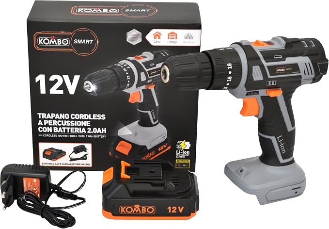 KOMBO SMART - Trapano Avvitatore a Percussione 12V - Batteria 2.0Ah, 2 Velocità, 30Nm, Mandrino 10mm con LED Integrato