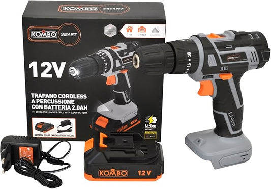 KOMBO SMART - Trapano Avvitatore a Percussione 12V - Batteria 2.0Ah, 2 Velocità, 30Nm, Mandrino 10mm con LED Integrato