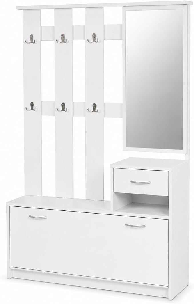 MEGAOFFERTE.IT Mobiletto Da Ingresso Con Scarpiera Specchio E Appendiabiti Arredo Moderno Per Corridoio Entratina 97 X 35 X 25 Cm Bianco