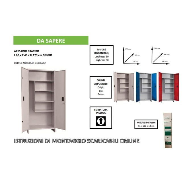Armadio per scope Pratiko I in acciaio, grigio L 60 x H 179.5 x P 40 cm 2 ante, da interno