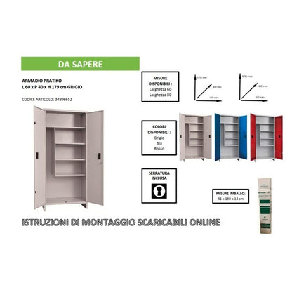 Armadio per scope Pratiko I in acciaio, grigio L 60 x H 179.5 x P 40 cm 2 ante, da interno