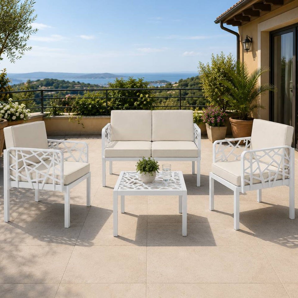 Set Salotto da Giardino 4 Posti Divano Poltrone e Tavolino, Cuscini Inclusi, Polipropilene Effetto Rattan, Mobili Esterno Terrazzo Veranda Patio