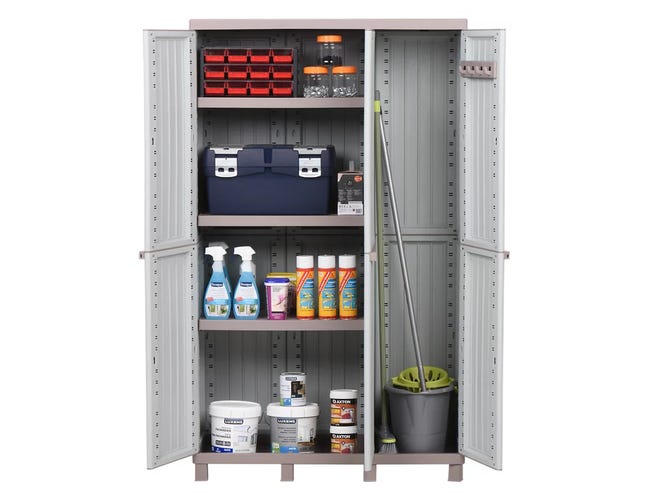 Armadio per scope C-Wood 102A TERRY STORAGE in polipropilene, tortora e grigio scuro L 102 x H 170 x P 39 cm 3 ante, adatto per interno/esterno