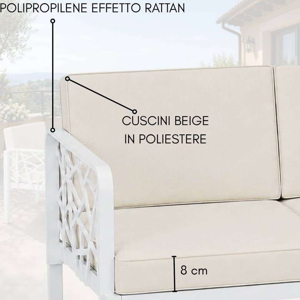 Set Salotto da Giardino 4 Posti Divano Poltrone e Tavolino, Cuscini Inclusi, Polipropilene Effetto Rattan, Mobili Esterno Terrazzo Veranda Patio