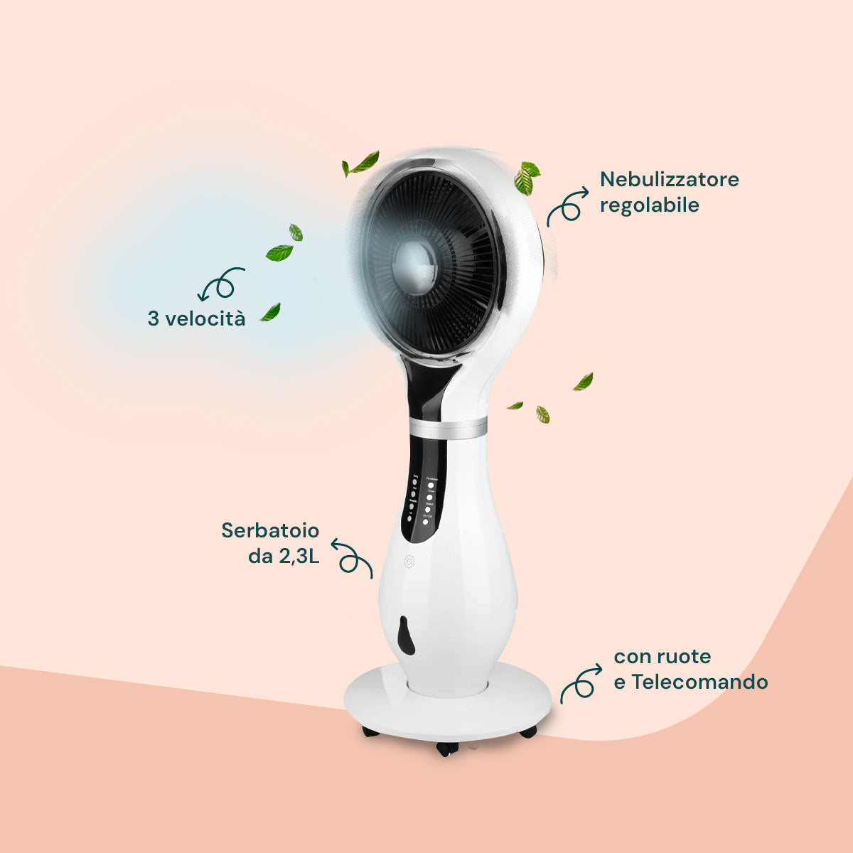 Ventilatore Nebulizzatore a Colonna con 3 velocità, Telecomando e Serbatoio 2,3L